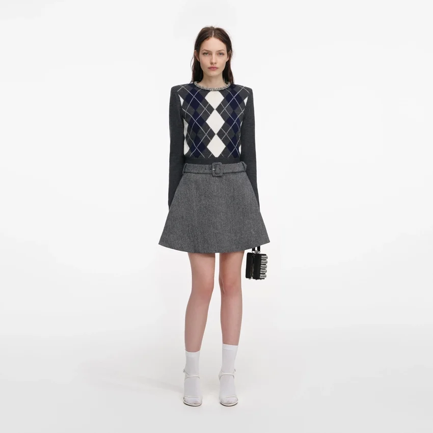 Grey Argyle Crystal Trim Jumper Grey Argyle Crystal Trim Jumper