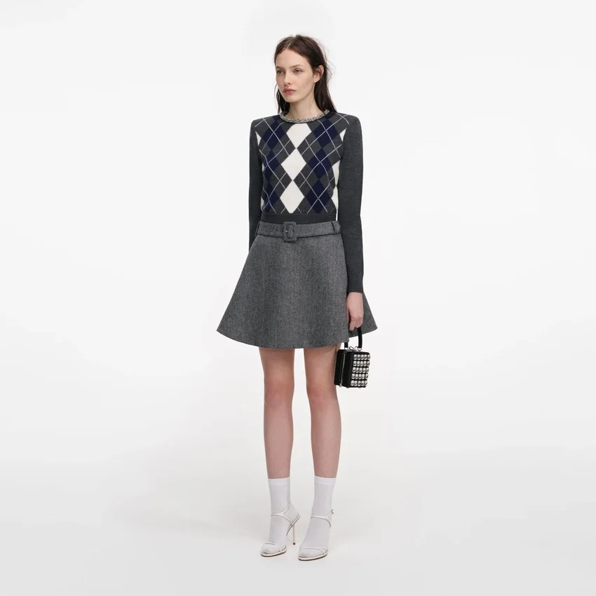 Grey Argyle Crystal Trim Jumper Grey Argyle Crystal Trim Jumper