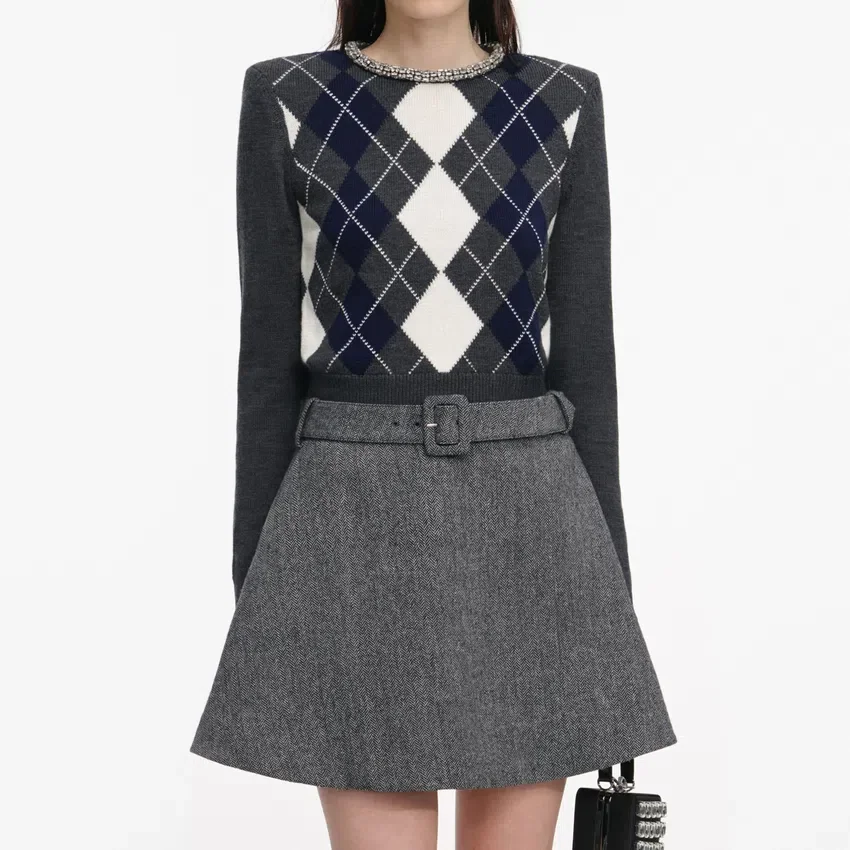 Grey Argyle Crystal Trim Jumper Grey Argyle Crystal Trim Jumper