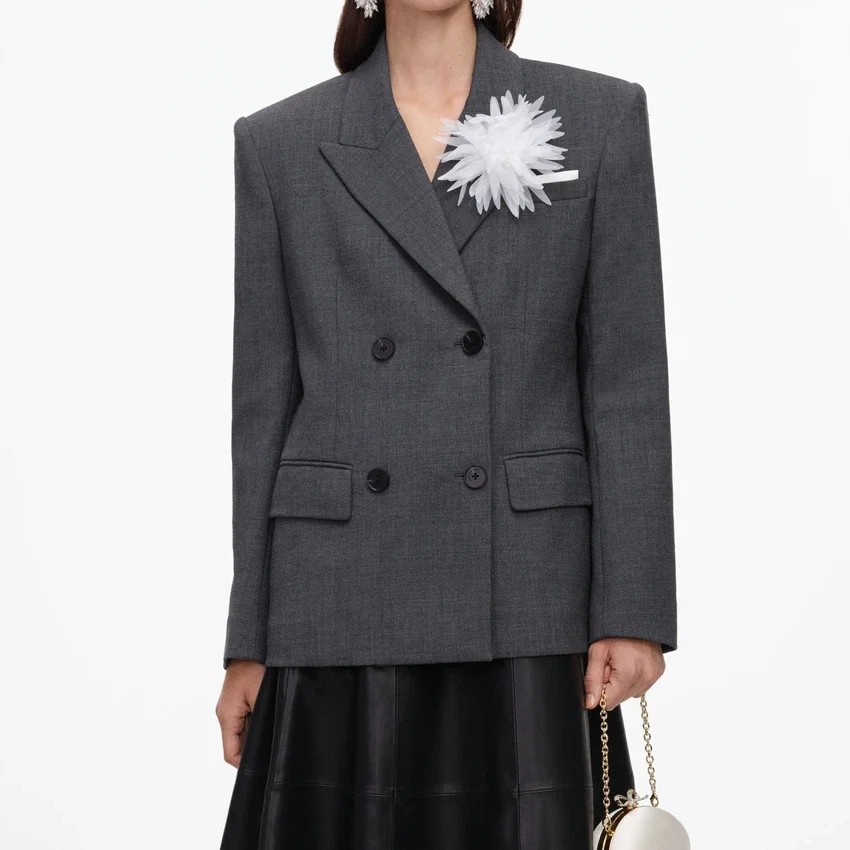 Grey Double Breasted Flower Blazer Grey Double Breasted Flower Blazer