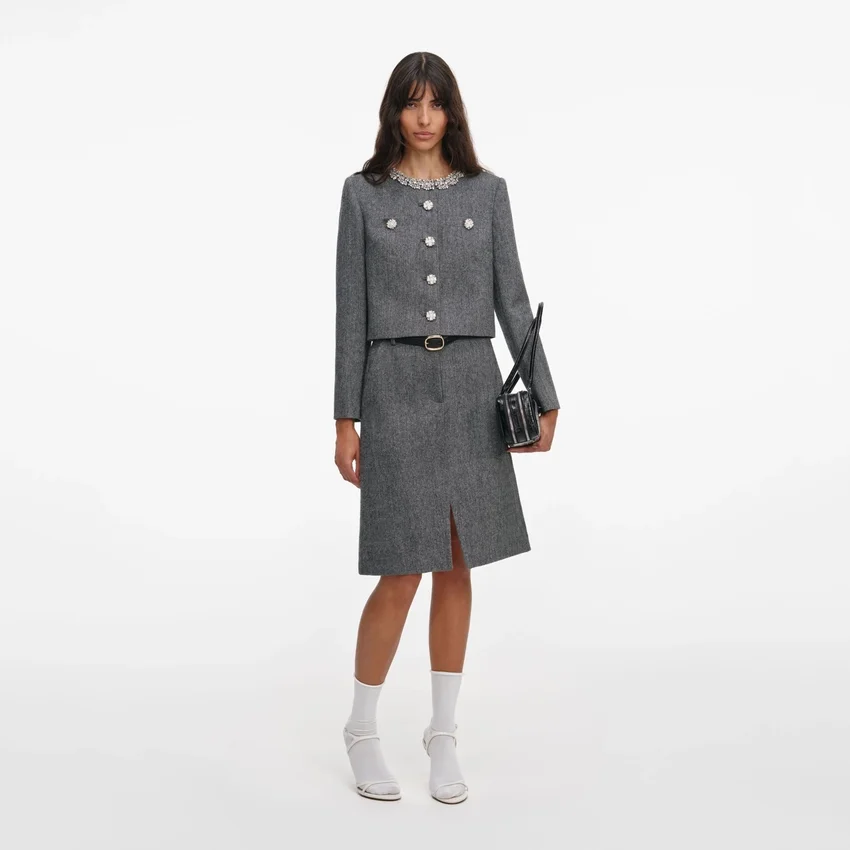 Grey Herringbone Crystal Trim Jacket Grey Herringbone Crystal Trim Jacket