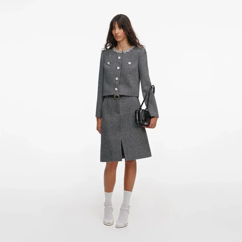 Grey Herringbone Crystal Trim Jacket Grey Herringbone Crystal Trim Jacket