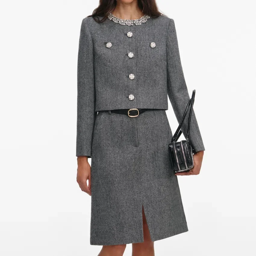 Grey Herringbone Crystal Trim Jacket Grey Herringbone Crystal Trim Jacket