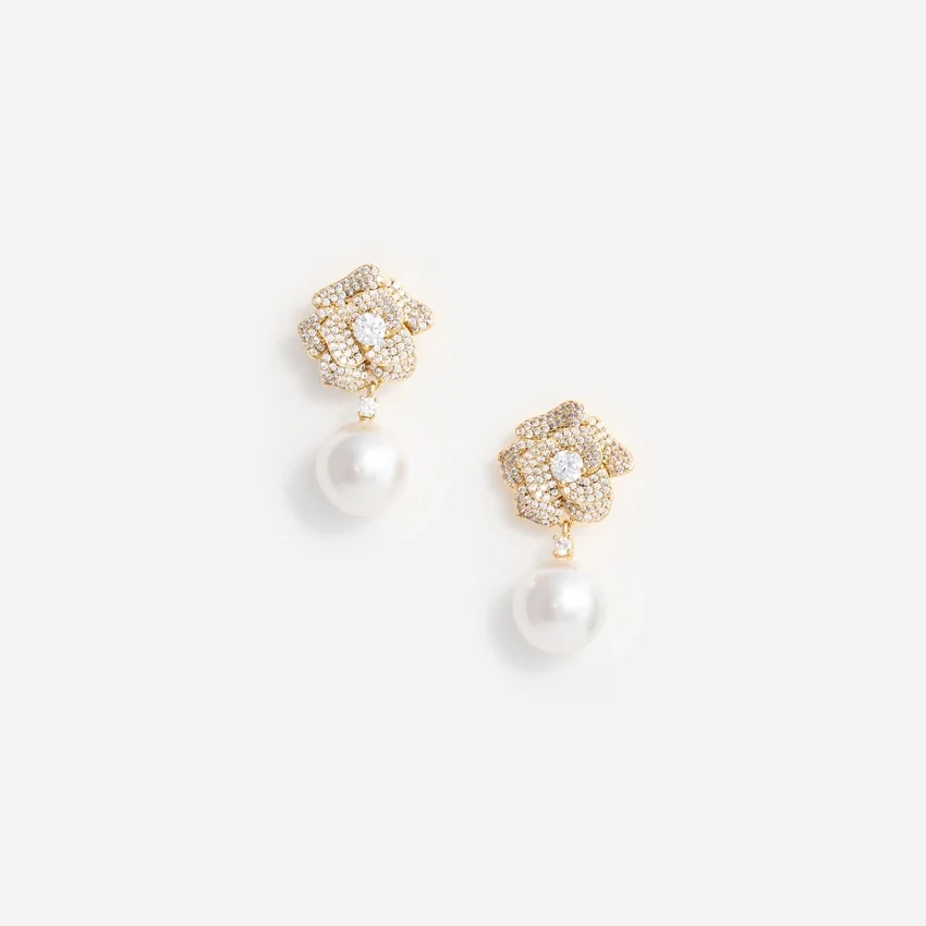 Mini Gold Crystal Flower Pearl Earrings Mini Gold Crystal Flower Pearl Earrings