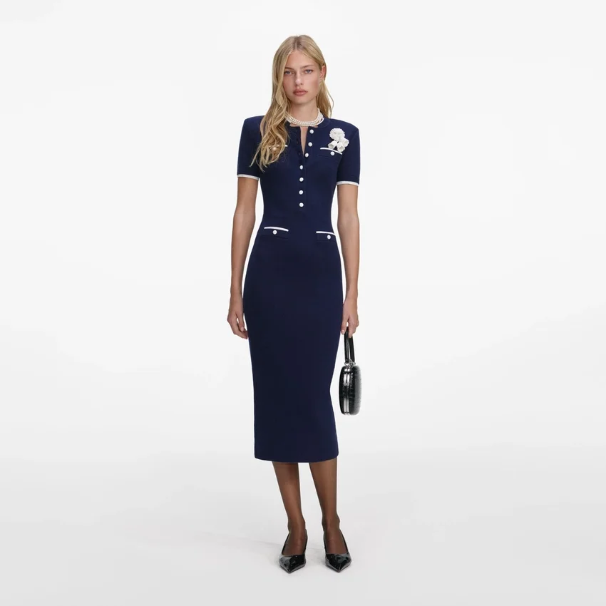Navy Crochet Flower Knit Midi Dress Navy Crochet Flower Knit Midi Dress