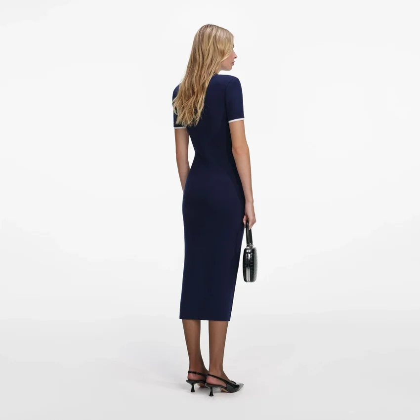 Navy Crochet Flower Knit Midi Dress Navy Crochet Flower Knit Midi Dress