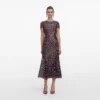 Navy Floral Sequin Midi Dress