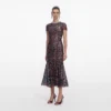 Navy Floral Sequin Midi Dress