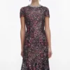 Navy Floral Sequin Midi Dress