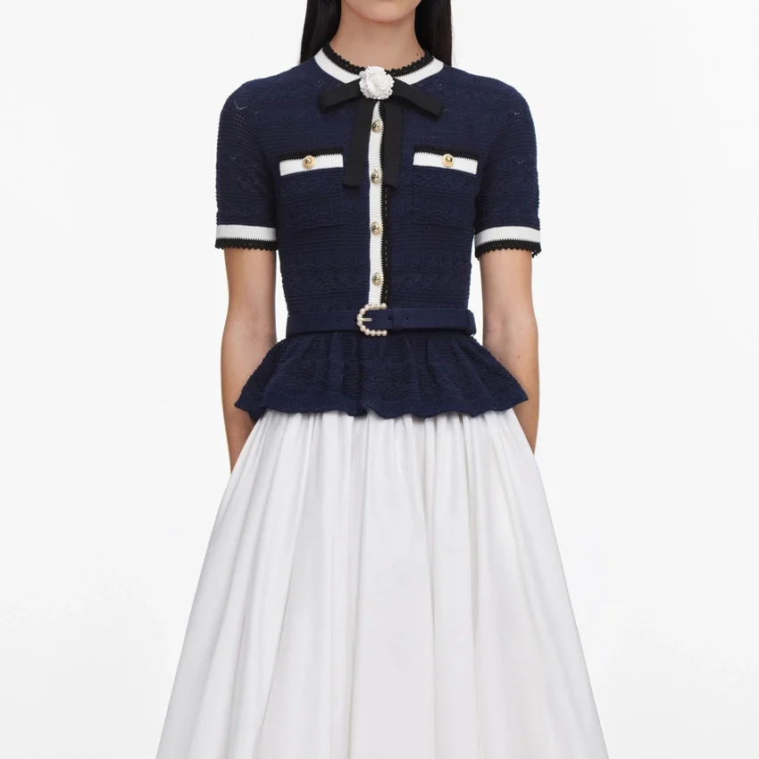 Navy Peplum Pointelle Knit Top Navy Peplum Pointelle Knit Top