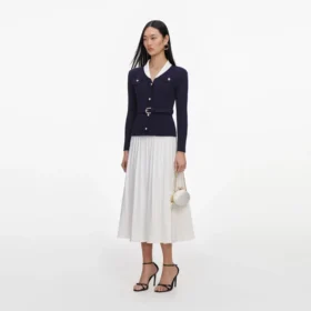 Navy Ribbed Knit Contrast Midi Dress