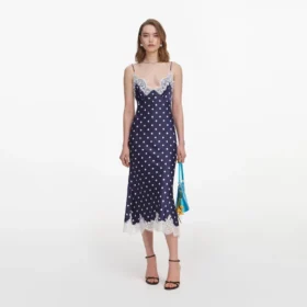 Navy Satin Polka Dot Midi Dress