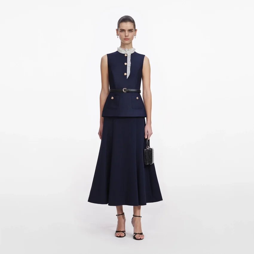 Navy Taffeta Contrast Frill Midi Dress Navy Taffeta Contrast Frill Midi Dress