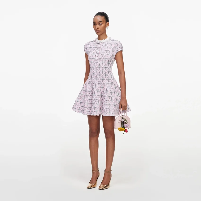 Pink Check Knit Beaded Mini Dress Pink Check Knit Beaded Mini Dress
