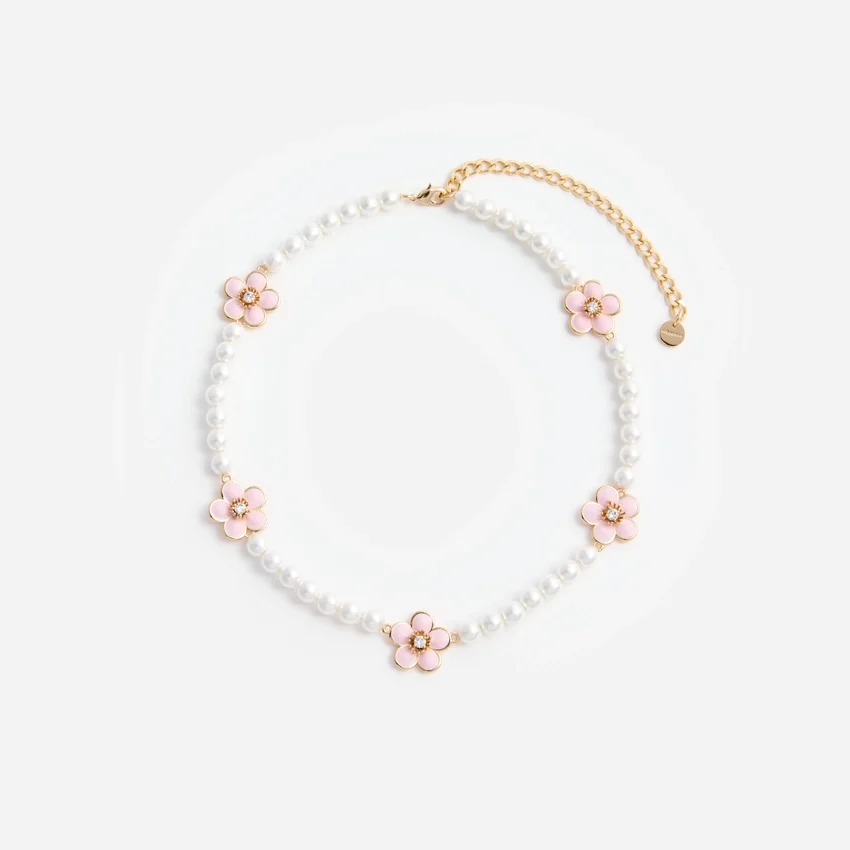 Pink Enamel Flower Pearl Choker Pink Enamel Flower Pearl Choker
