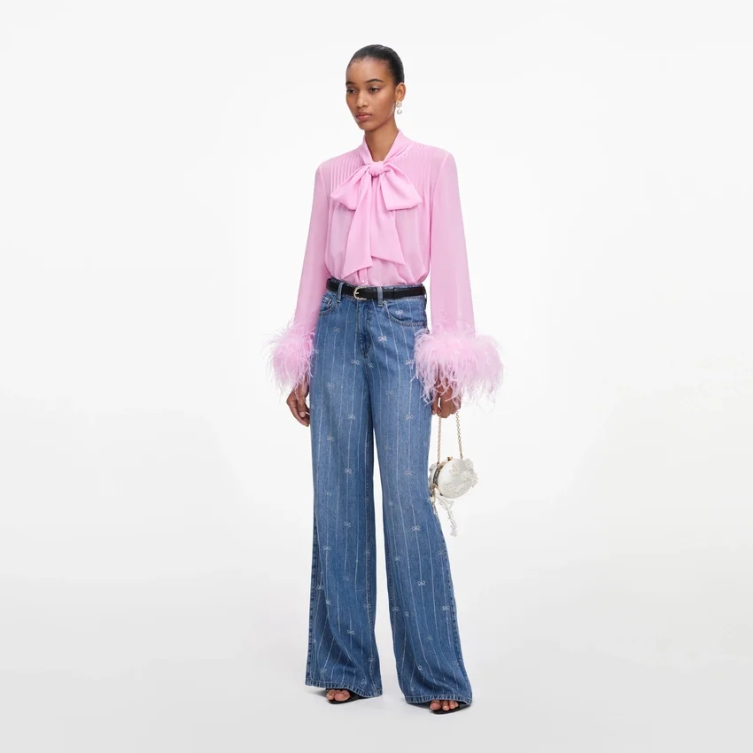 Pink Georgette Feather Cuff Blouse Pink Georgette Feather Cuff Blouse