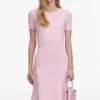 Pink Knit Lace Insert Midi Dress