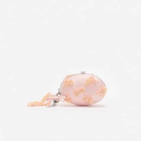 Pink Satin Floral Beaded Oval Clutch