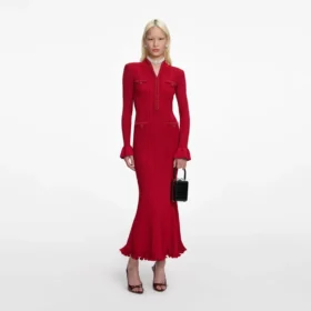 Red Pearl Trim Knit Midi Dress