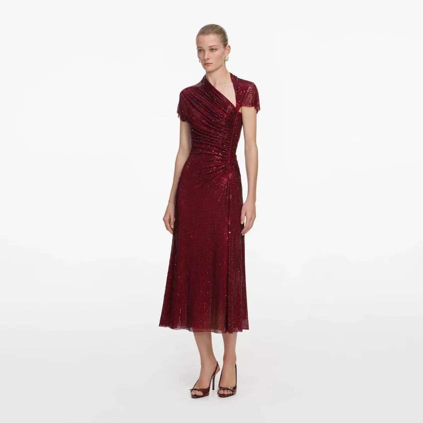 Red Rhinestone Drape Midi Dress Red Rhinestone Drape Midi Dress