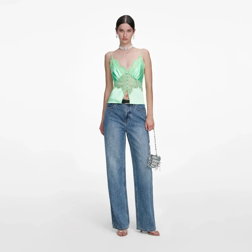 Green Satin Lace Top Green Satin Lace Top