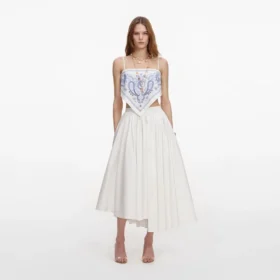 White And Blue Embroidered Linen Top