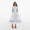 White And Blue Embroidered Midi Dress