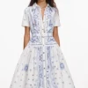 White And Blue Embroidered Midi Dress