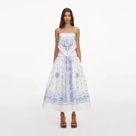 White And Blue Embroidered Midi Skirt