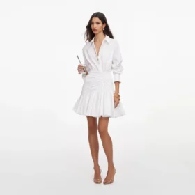 White Cotton Gathered Mini Dress