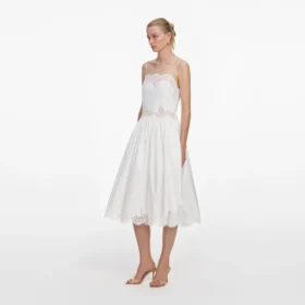 White Cotton Lace Trim Midi Dress