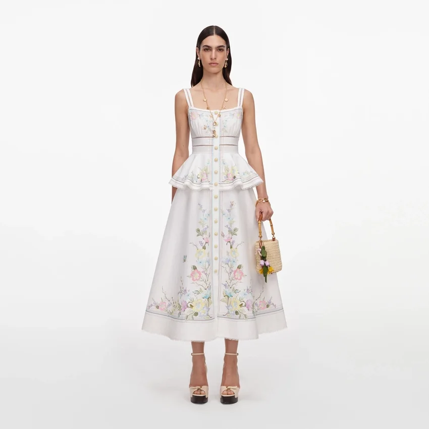 White Floral Linen Blend Peplum Midi Dress White Floral Linen Blend Peplum Midi Dress