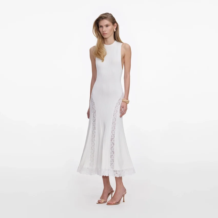 White Knit Lace Insert Midi Dress White Knit Lace Insert Midi Dress