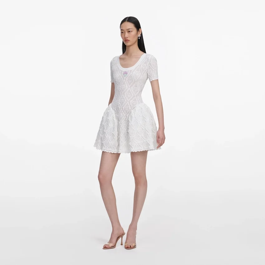 White Pointelle Knit Flared Mini Dress White Pointelle Knit Flared Mini Dress