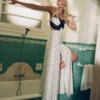White Polka Dot Satin Lace Maxi Dress