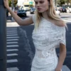 White Rhinestone Lace Tie Side Mini Dress