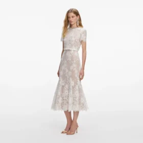 White Sequin Lace Midi Dress