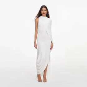 white viscose knit drape maxi dress 1 280x280 - White Viscose Knit Drape Maxi Dress