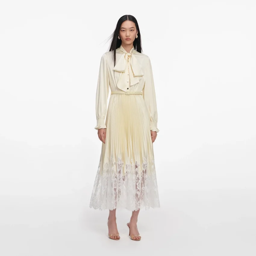 Yellow Satin Lace Midi Dress Yellow Satin Lace Midi Dress