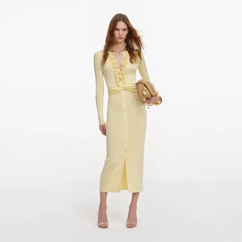Yellow Viscose Knit Ruffle Midi Dress Yellow Viscose Knit Ruffle Midi Dress